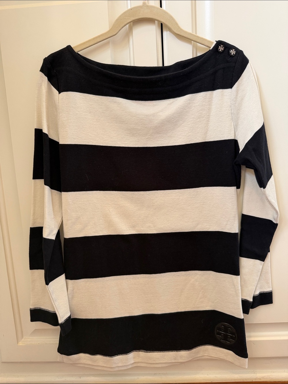 Tory Burch boatneck Black and White Striped 3/4 Sleeve Tee